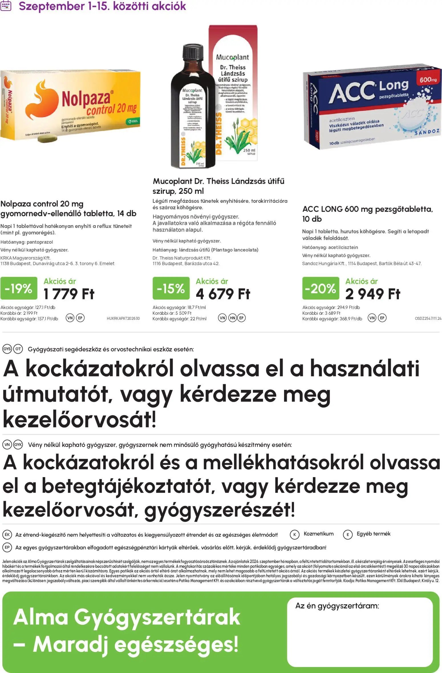 Alma Gyógyszertárak újság 2026.09.01. Alma Gyógyszertárak akciós újság
