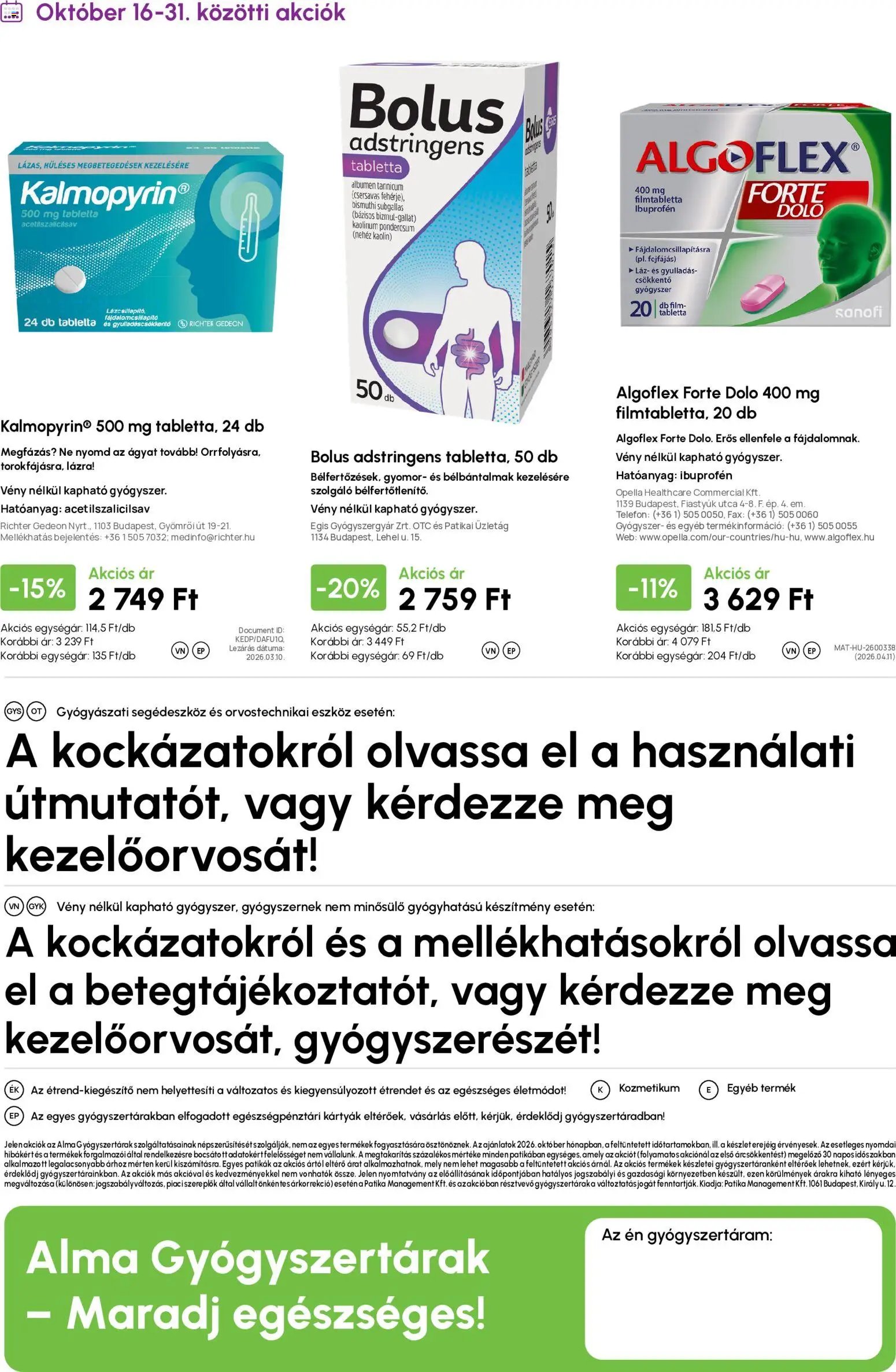 Alma Gyógyszertárak újság 2026.10.01. Alma Gyógyszertárak akciós újság