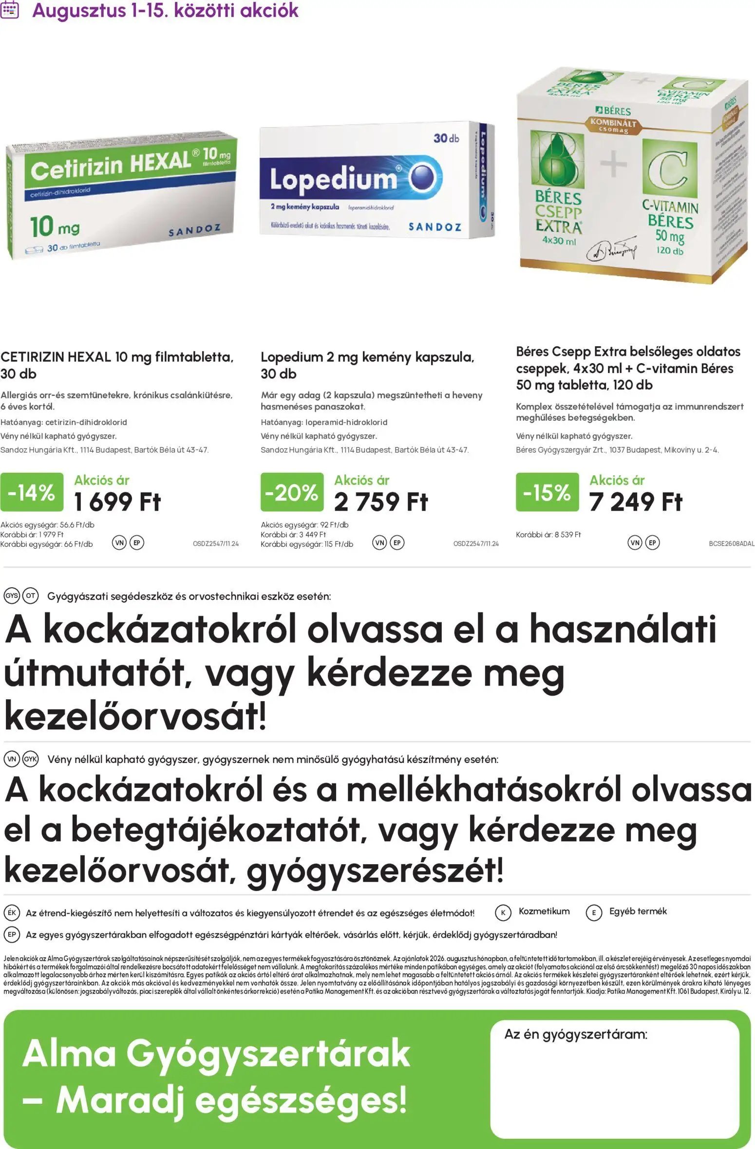 Alma Gyógyszertárak újság 2026.08.01. Alma Gyógyszertárak akciós újság