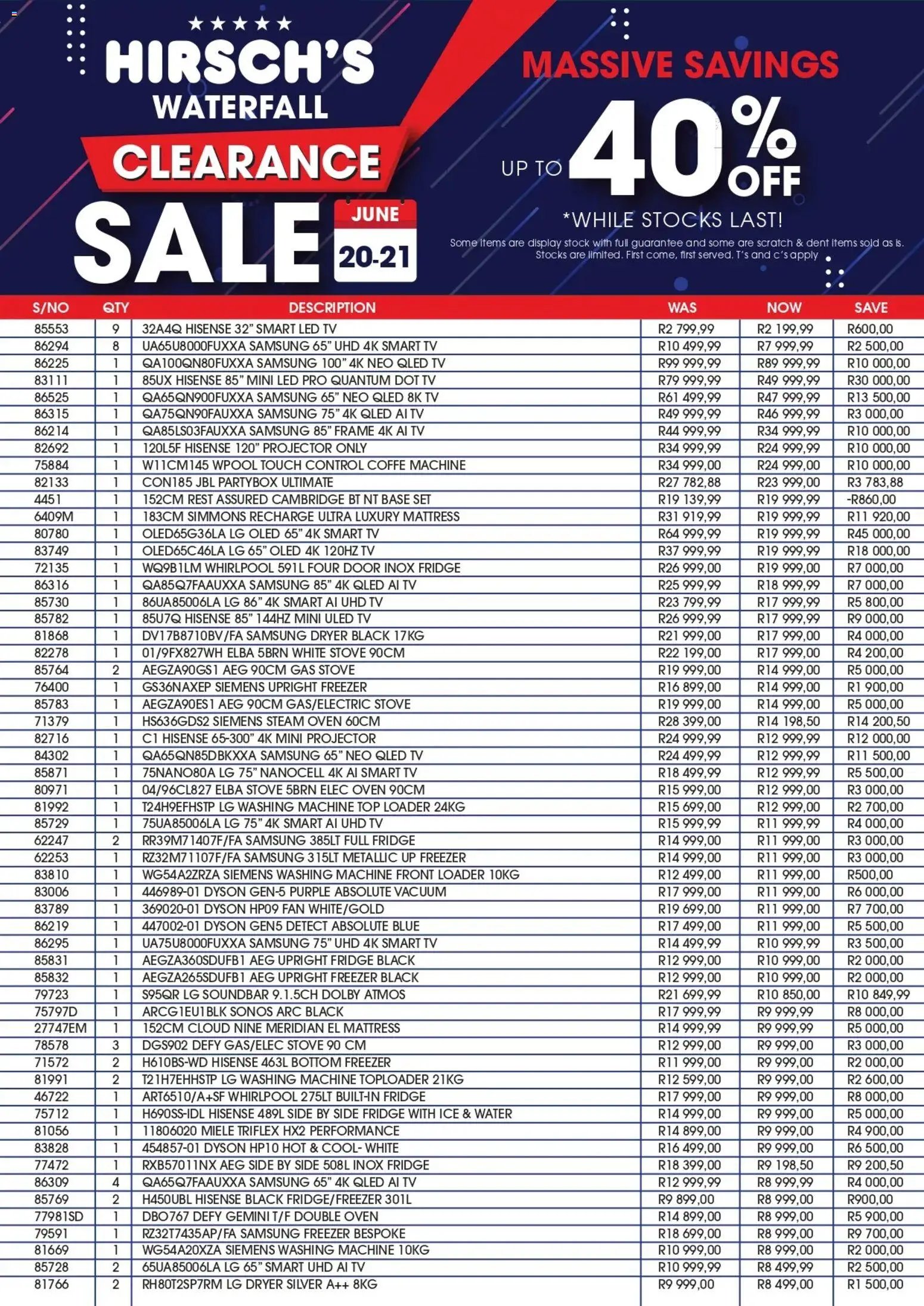 Hirsch's special from 20/06/2026 Hirsch's Waterfall Clearance Sale