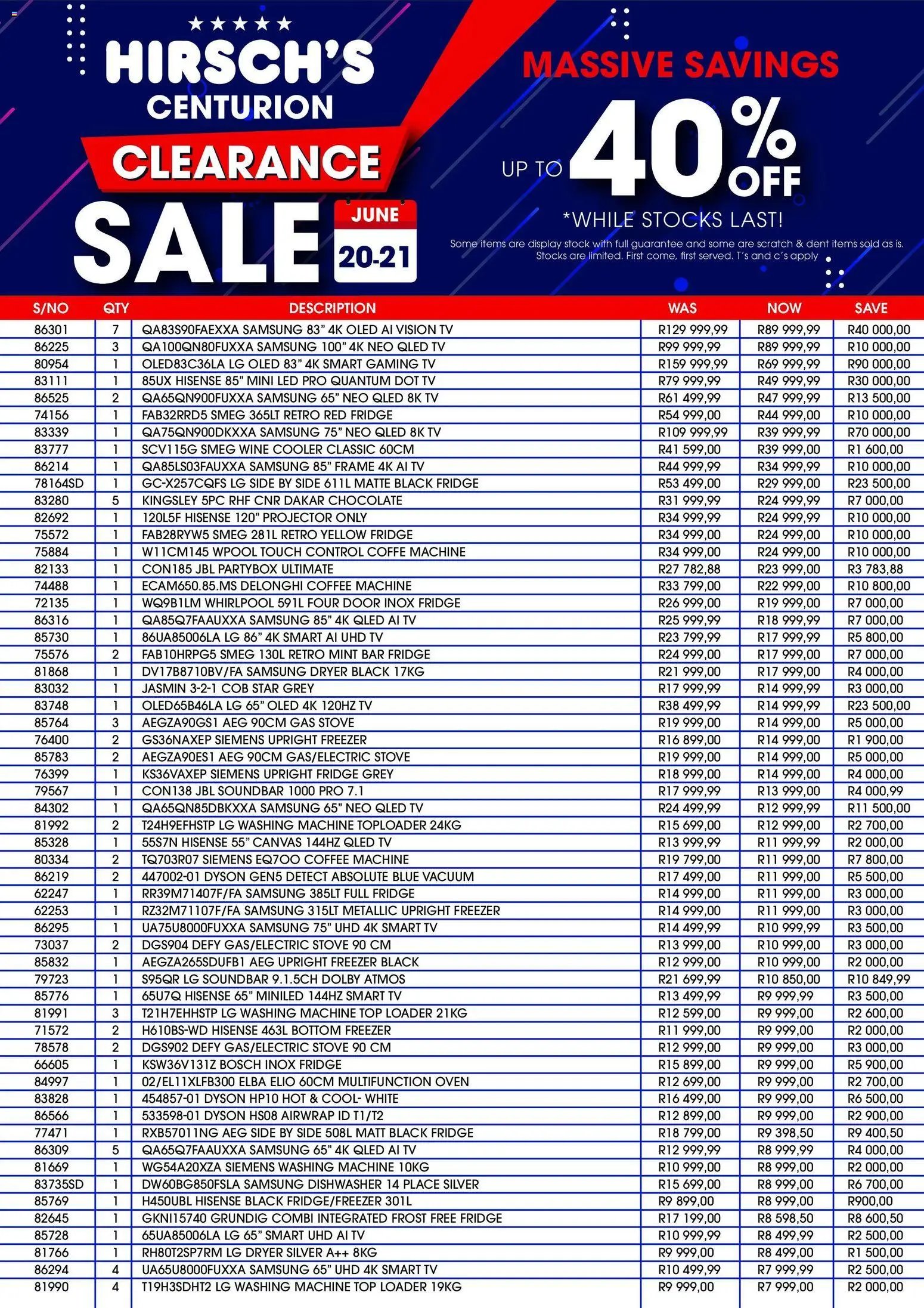 Hirsch's special from 20/06/2026 Hirsch's Centurion Clearance Sale