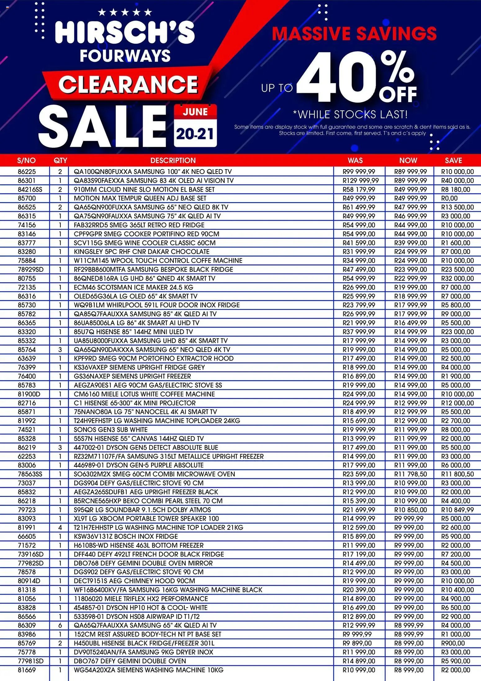 Hirsch's special from 20/06/2026 Hirsch's Fourways Clearance Sale