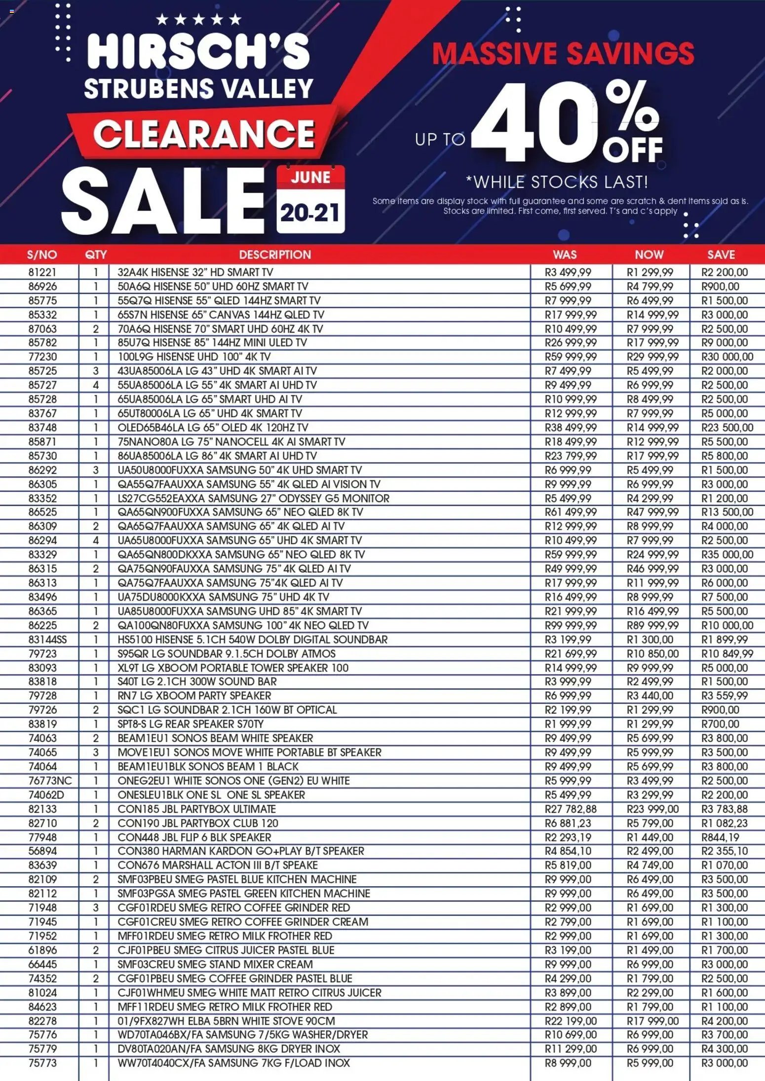 Hirsch's special from 20/06/2026 Hirsch's Strubens Valley Clearance Sale