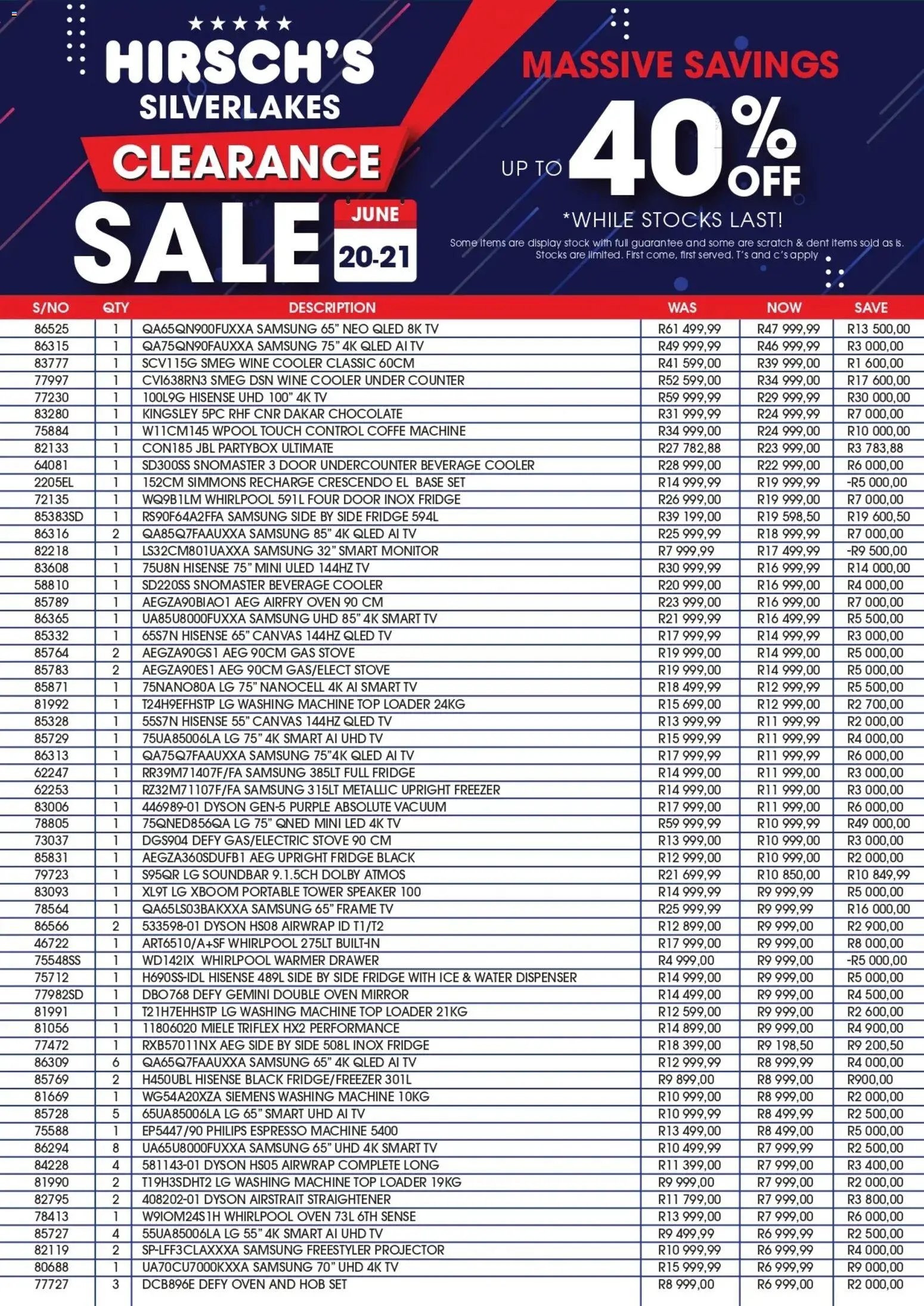 Hirsch's special from 20/06/2026 Hirsch's Silver Lakes Clearance Sale