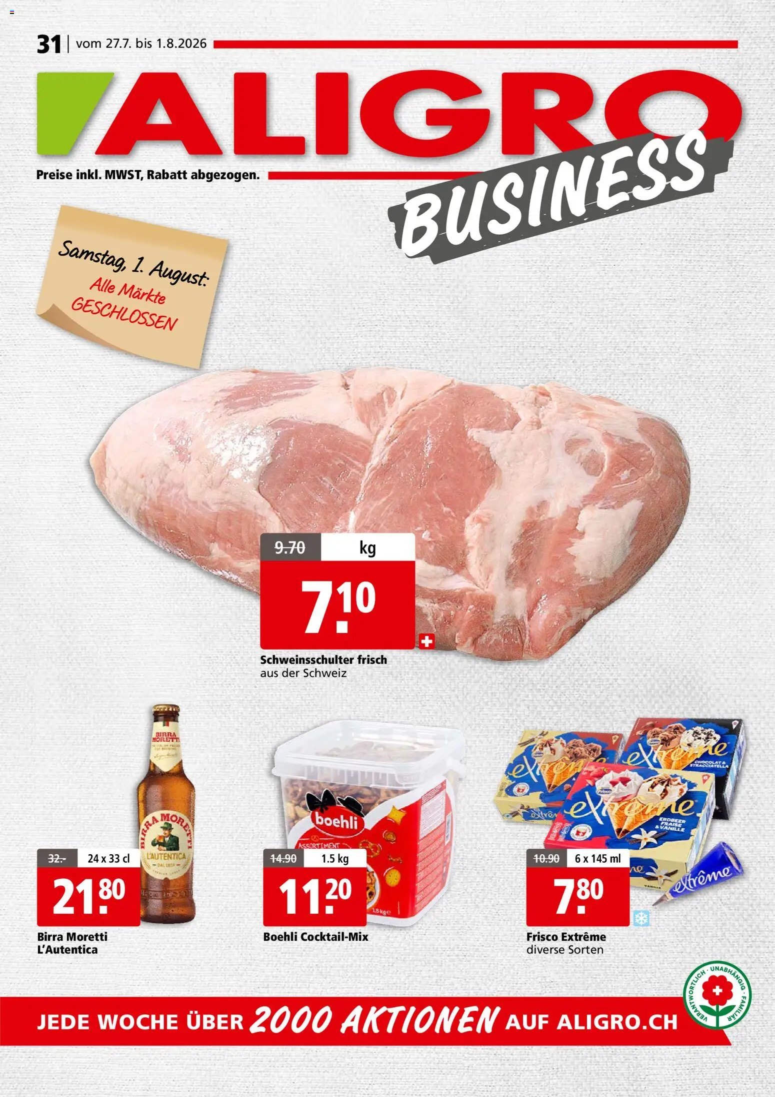Aligro aktionen Business Schlieren, Gossau SG, Frauenfeld, Rapperswil-Jona, Sargans, Bern
