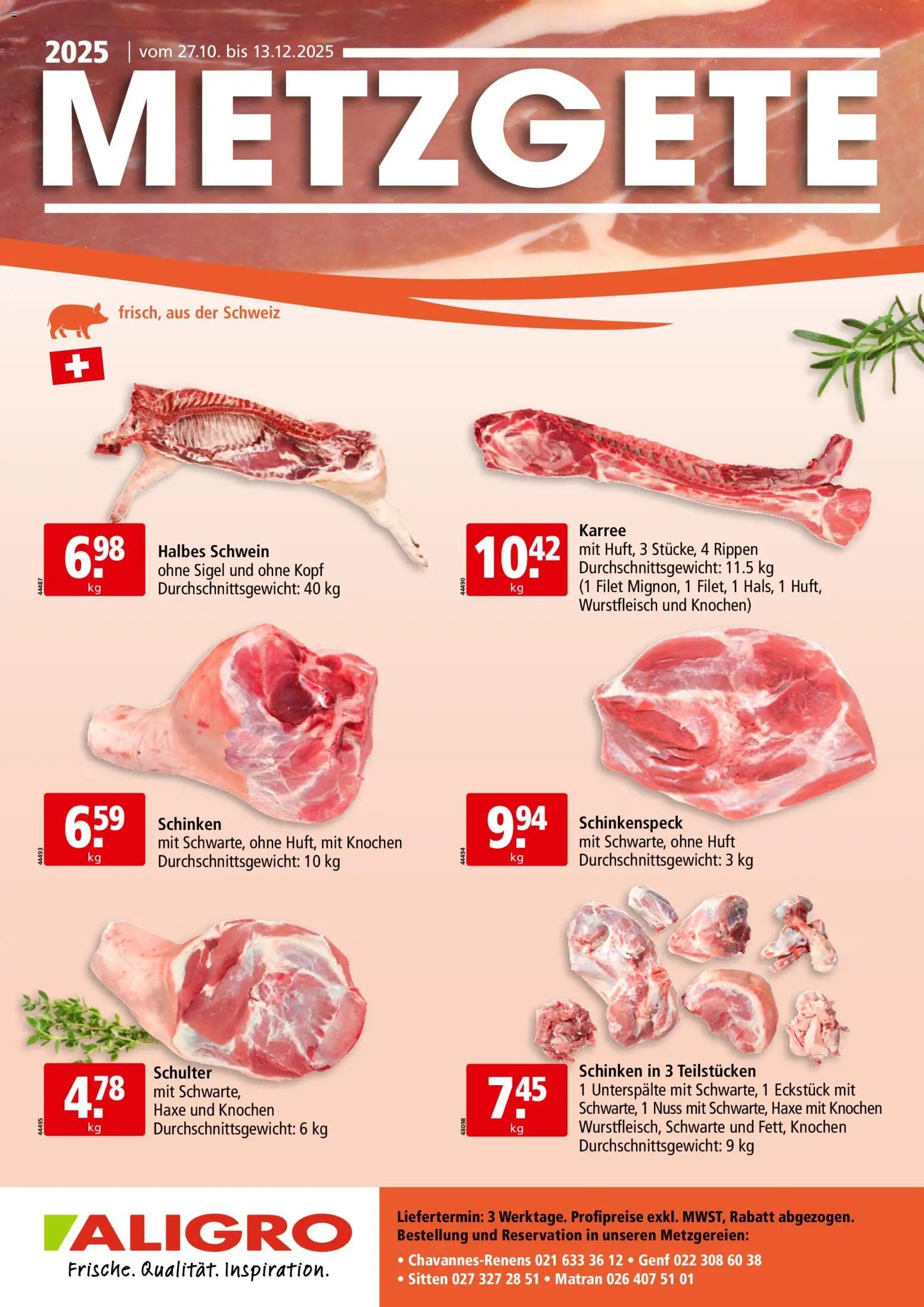 Aligro Aktionen Metzgete Chavannes, Matran, Genf, Sitten (2025-10-27 - 2025-12-13) | 1