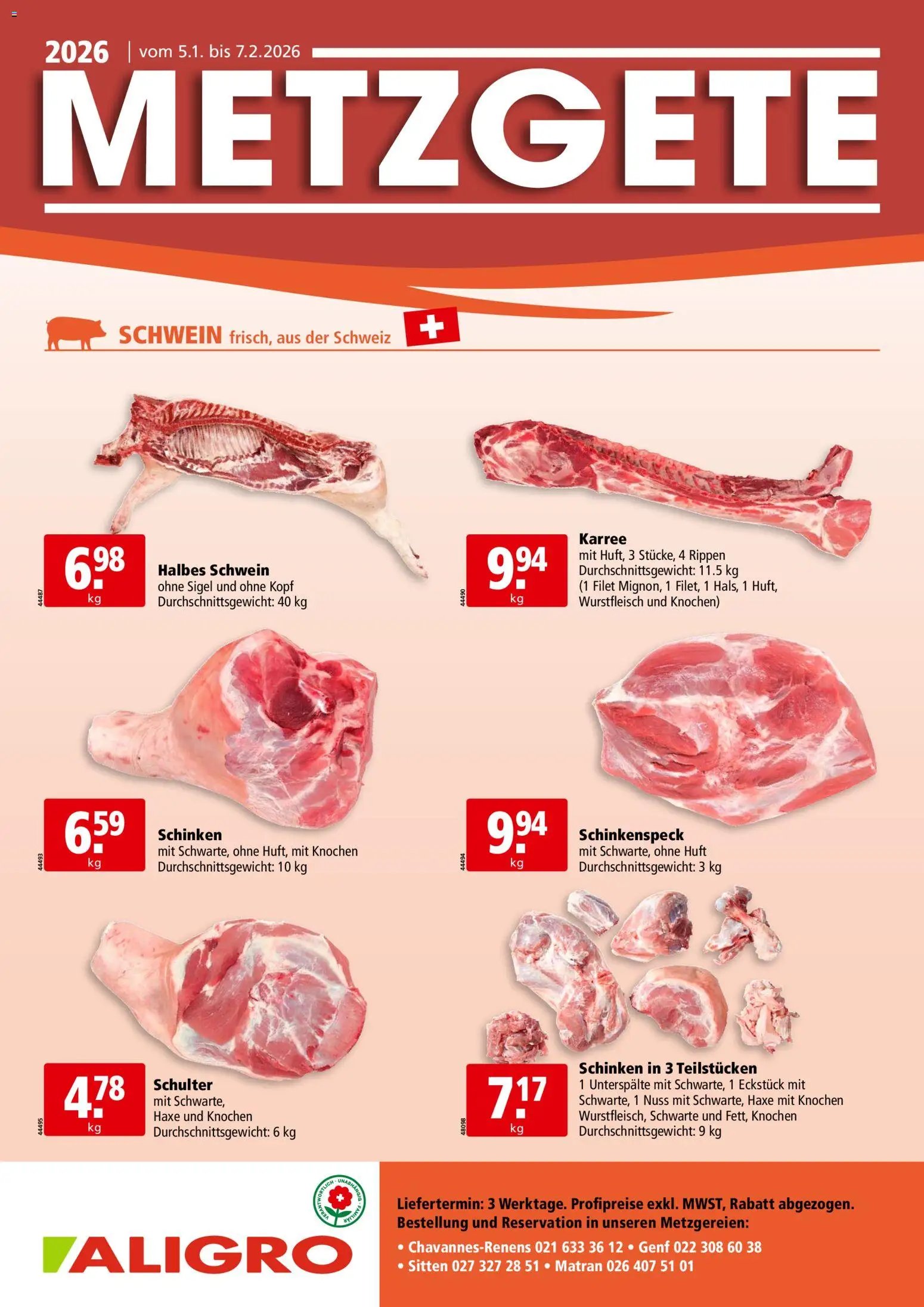 Aligro Aktionen Metzgete Chavannes, Matran, Genf, Sitten (2026-01-05 - 2026-02-07)