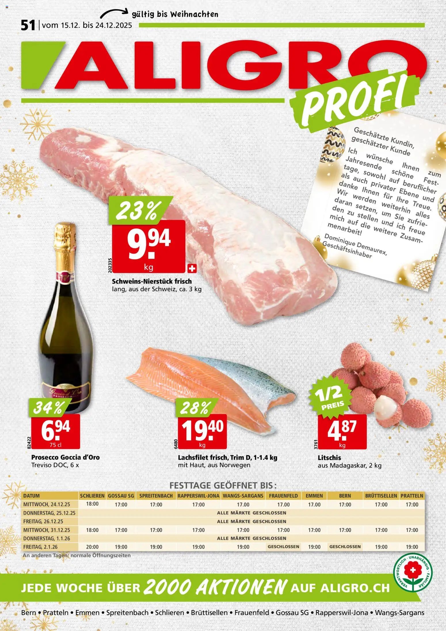 Aligro Aktionen Schlieren, Gossau SG, Frauenfeld, Rapperswil-Jona, Sargans, Bern, Brüttisellen, Pratteln, Emmen, Spreitenbach (2025-12-15 - 2025-12-24) | 1