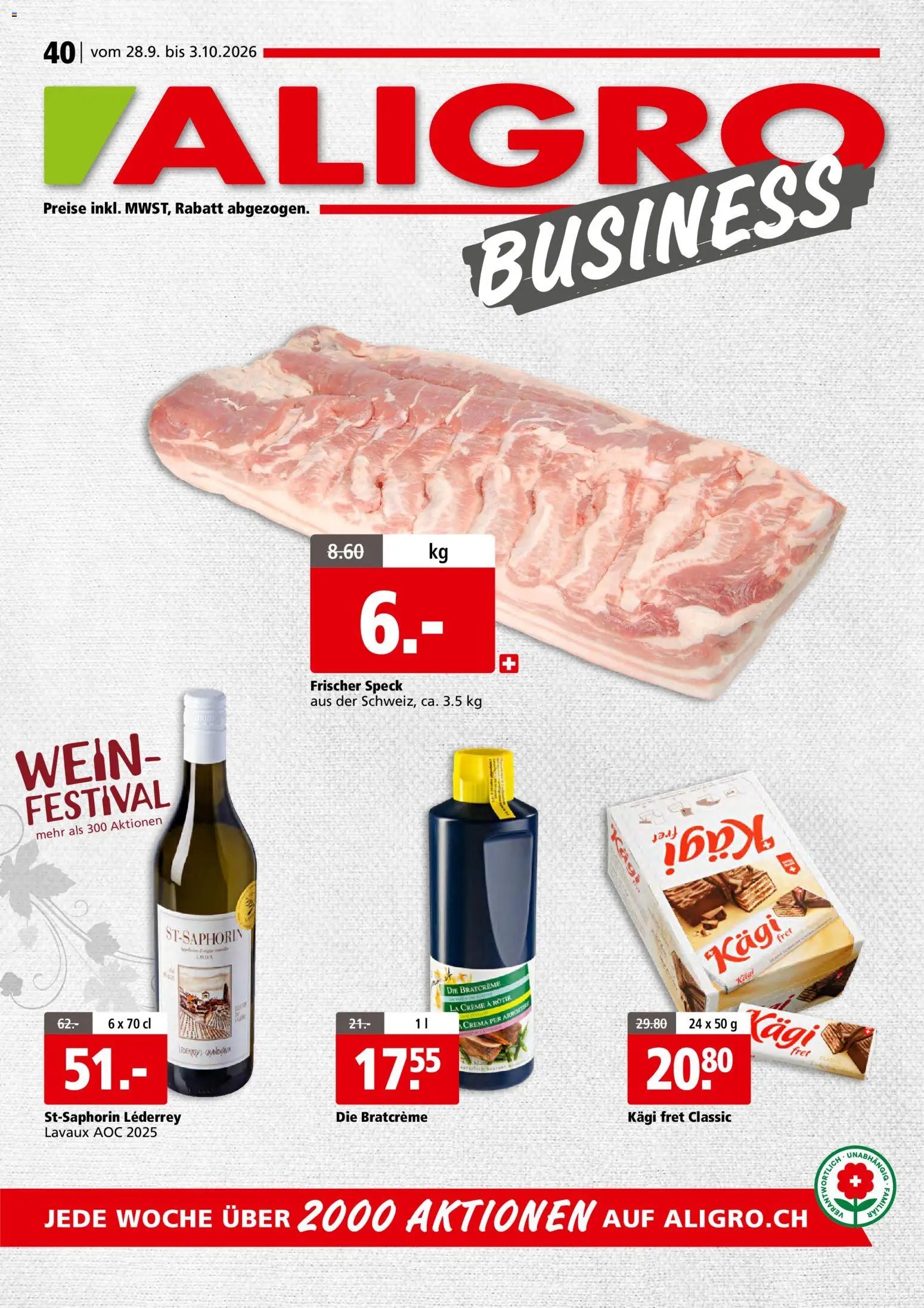 Aligro aktionen Business Schlieren, Gossau SG, Frauenfeld, Rapperswil-Jona, Sargans, Bern