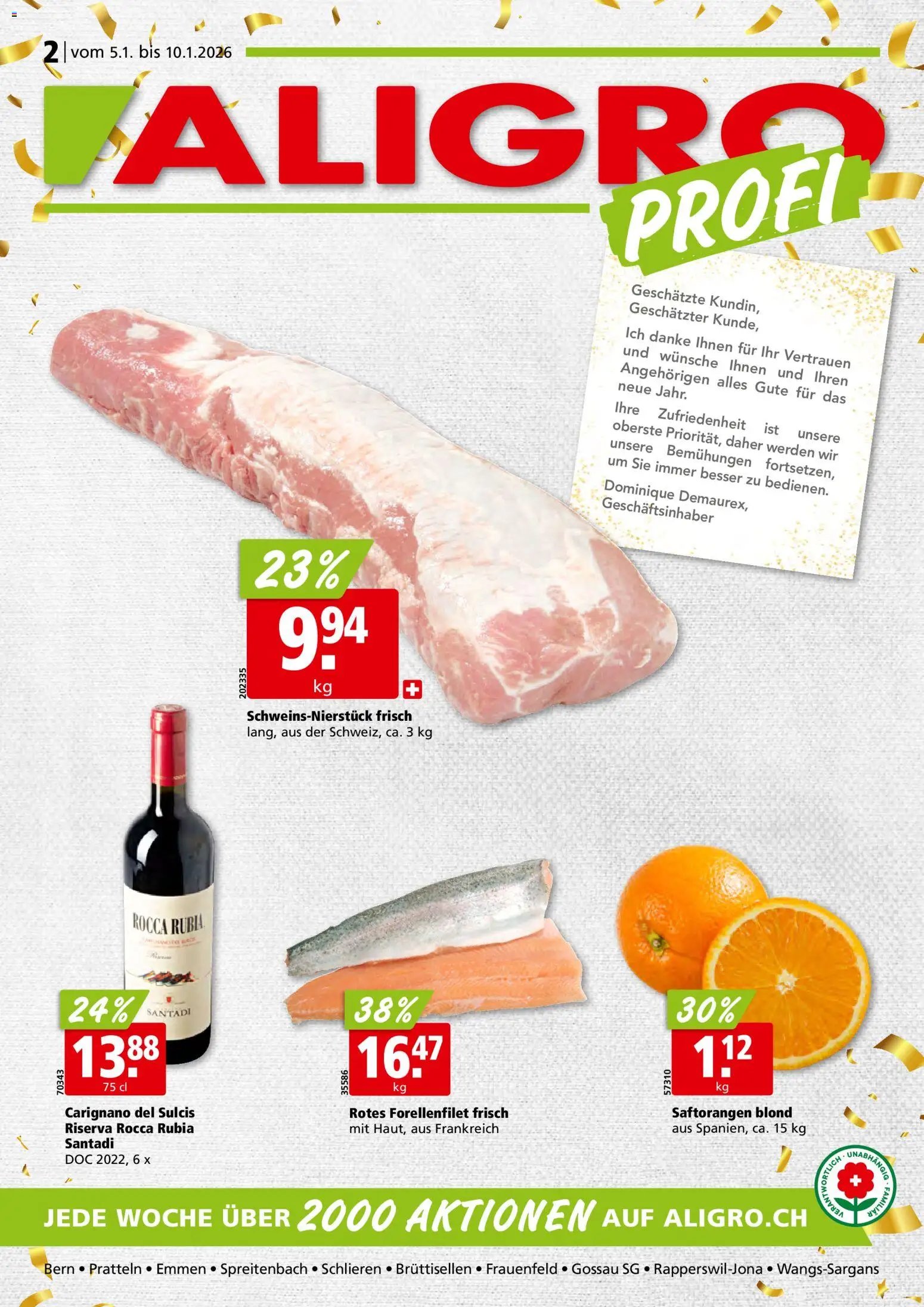Aligro Aktionen Schlieren, Gossau SG, Frauenfeld, Rapperswil-Jona, Sargans, Bern, Brüttisellen, Pratteln, Emmen, Spreitenbach (2026-01-05 - 2026-01-10)