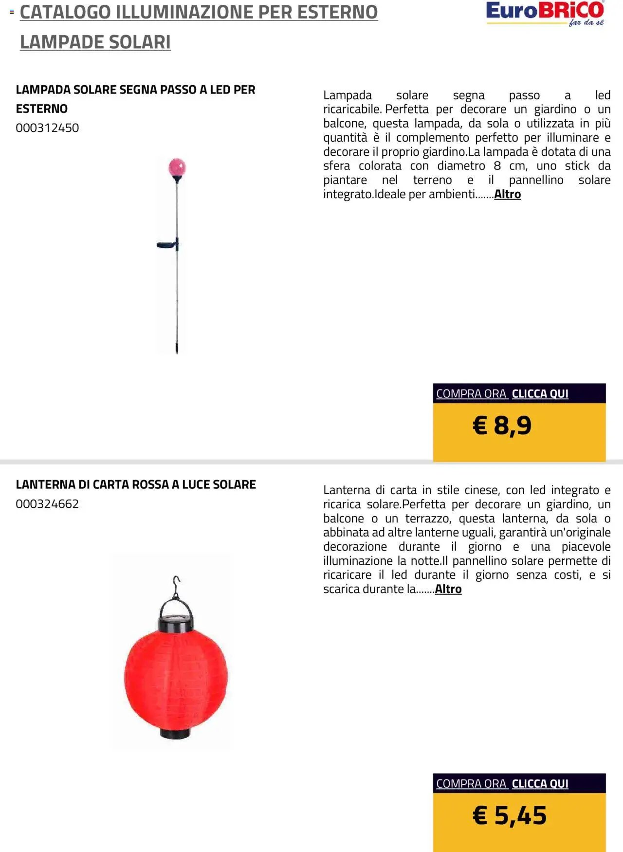Eurobrico Illuminazione da esterno Lampade Solari catalogo