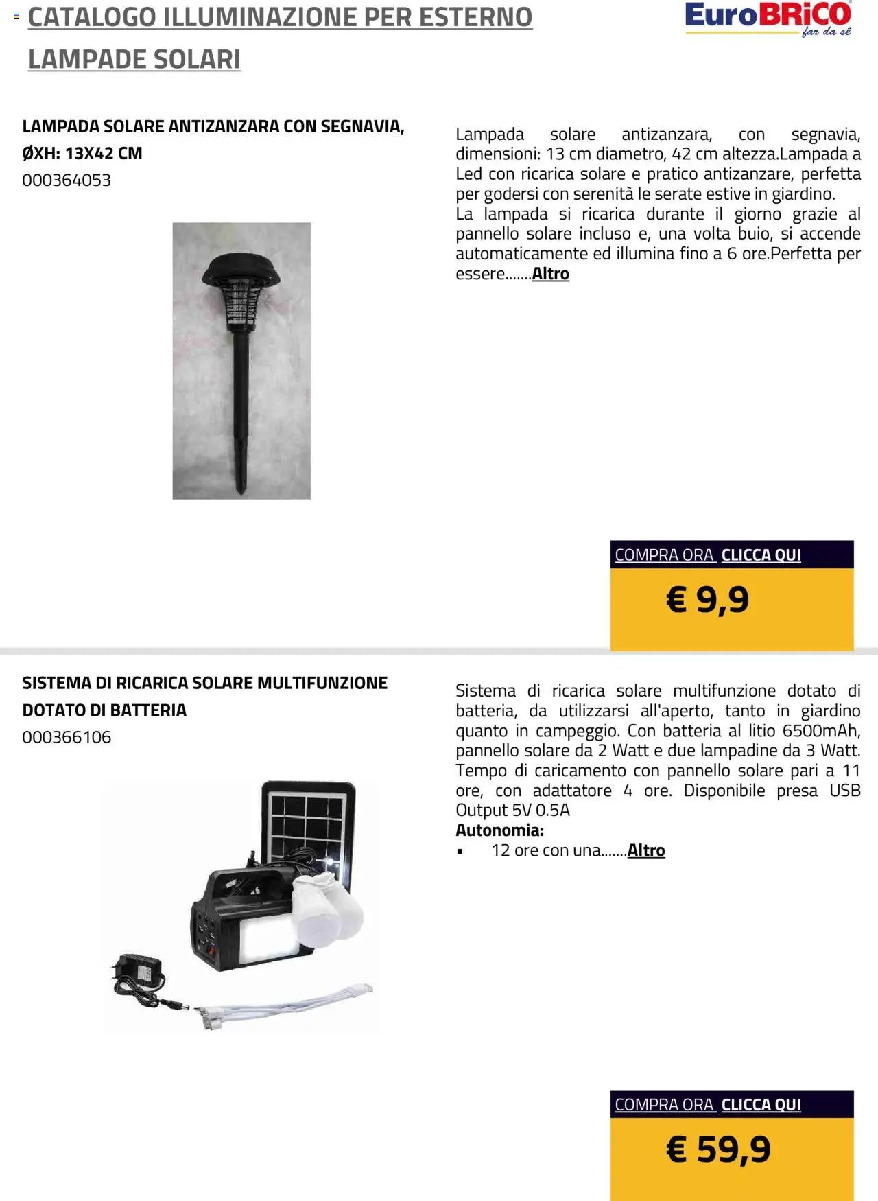 Eurobrico Illuminazione da esterno Lampade Solari catalogo
