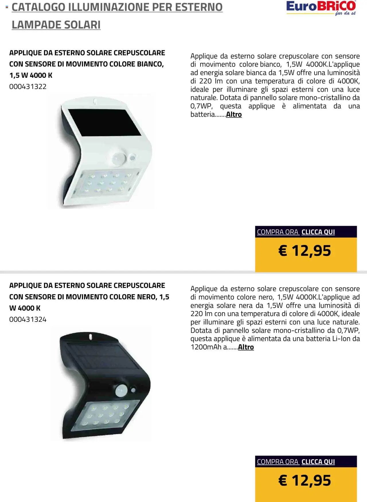 Eurobrico Illuminazione da esterno Lampade Solari catalogo