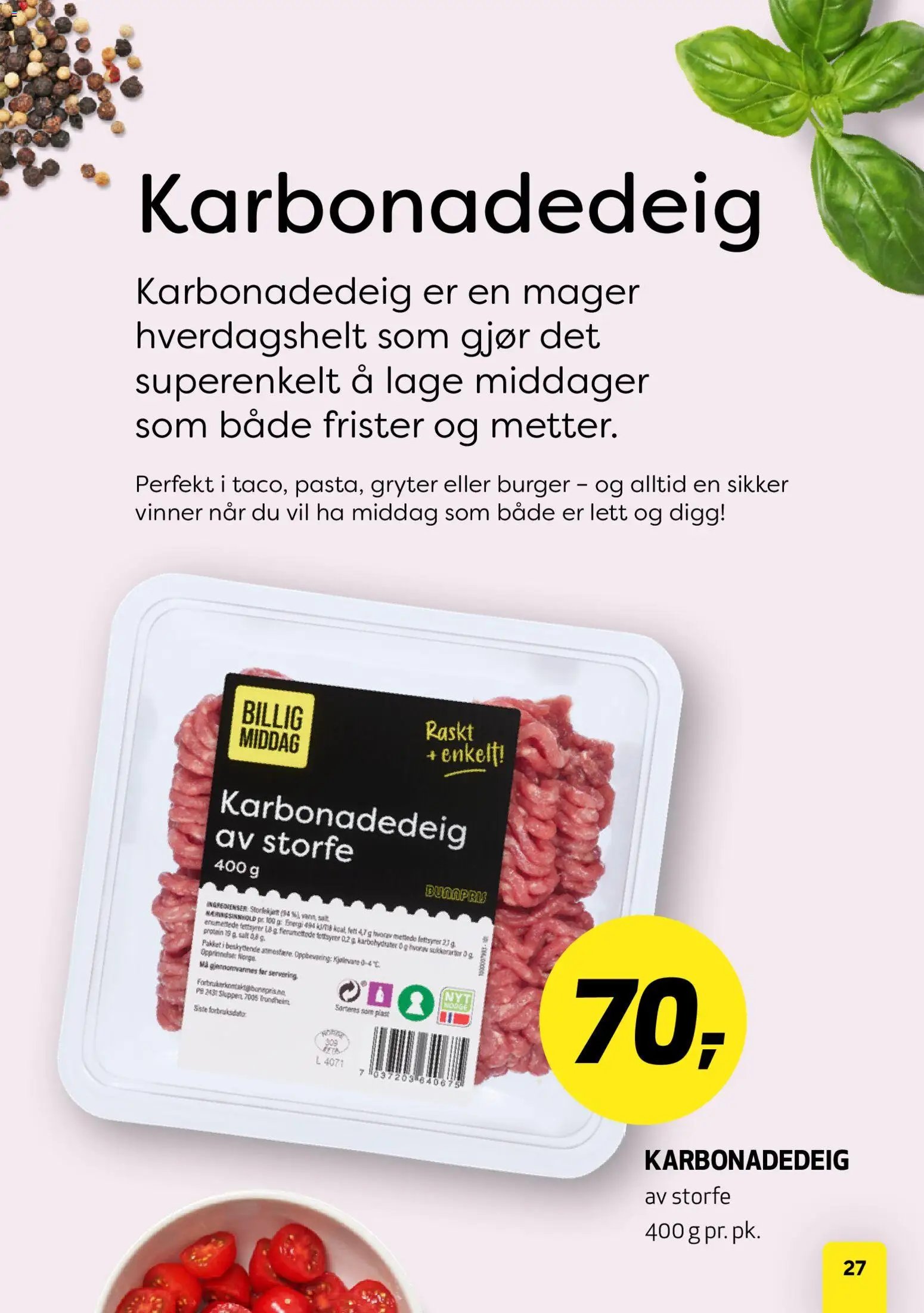 Bunnpris kundeavis middagsinspirasjon utviklet av