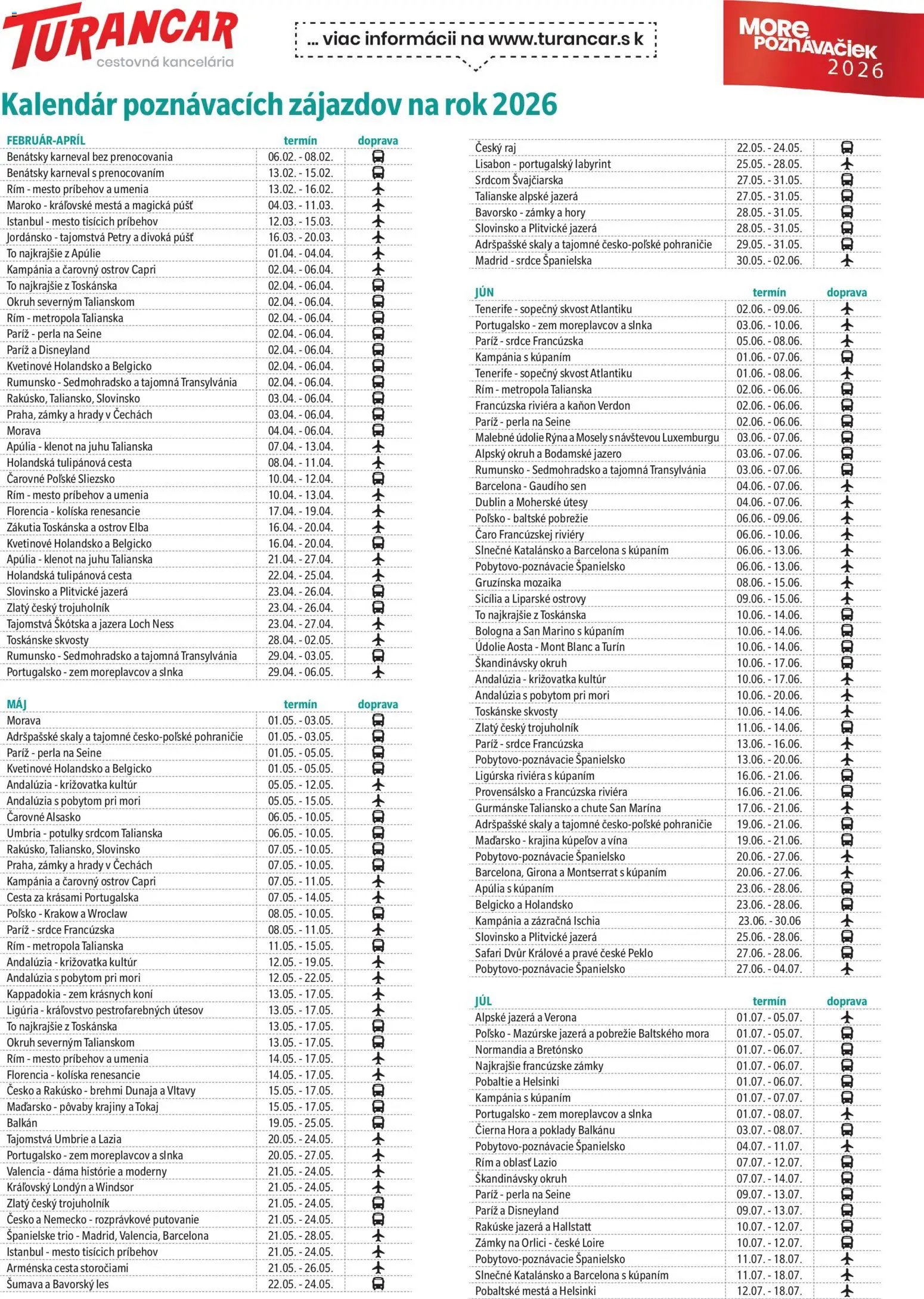 Turancar Kalendár poznávacích zájazdov (2025-03-01 - 2026-05-31) | 1