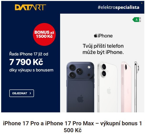 DATART leták - Řada Iphone 17 již od 7 790 Kč díky výkupu s bonusem