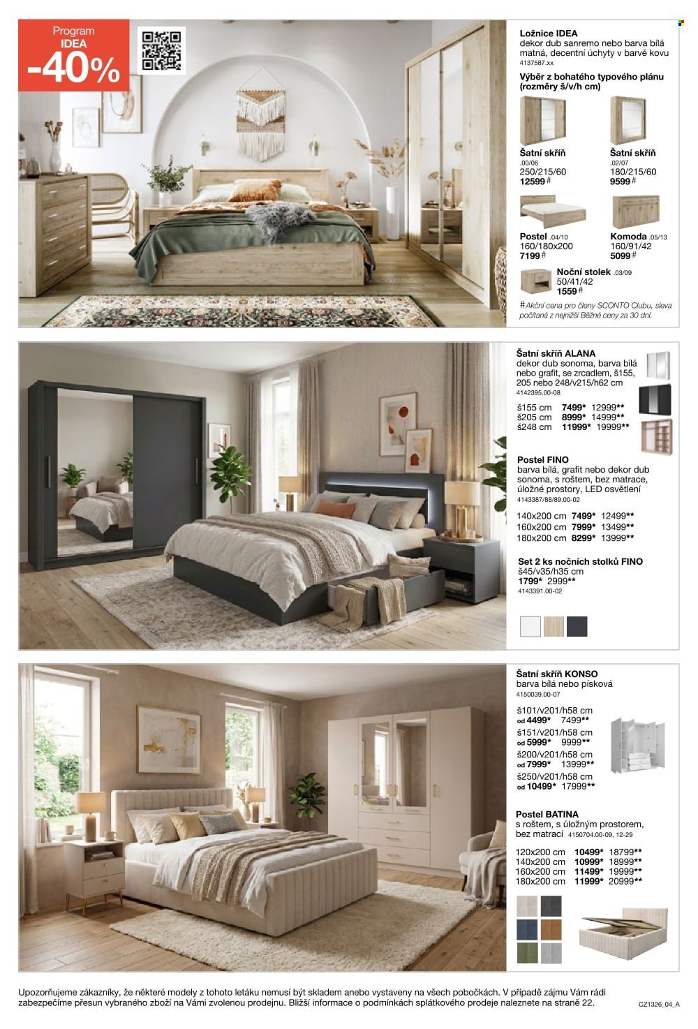 SCONTO NÁBYTEK leták - -40% na ložnice, postele, matrace, rošty, šatní skříně, komody, noční stolky