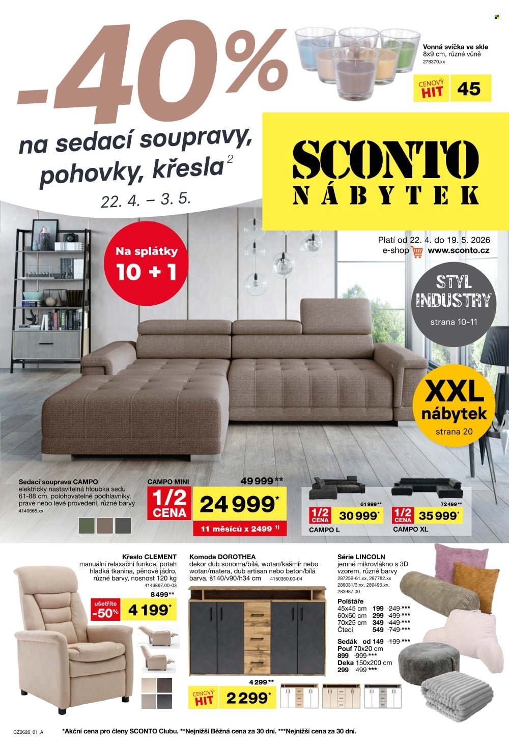 SCONTO NÁBYTEK leták - -40% na sedací soupravy, pohovky, křesla (2026-04-22 - 2026-05-19)