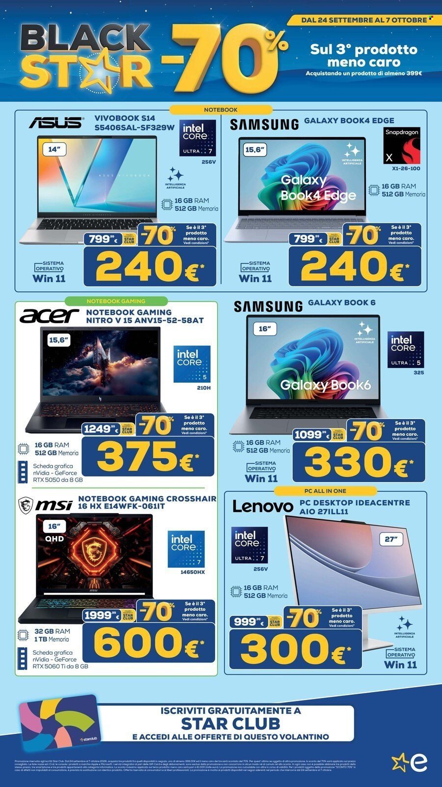 Volantino EURONICS - BLACK STAR meno 70 sul 3° prodotto meno caro