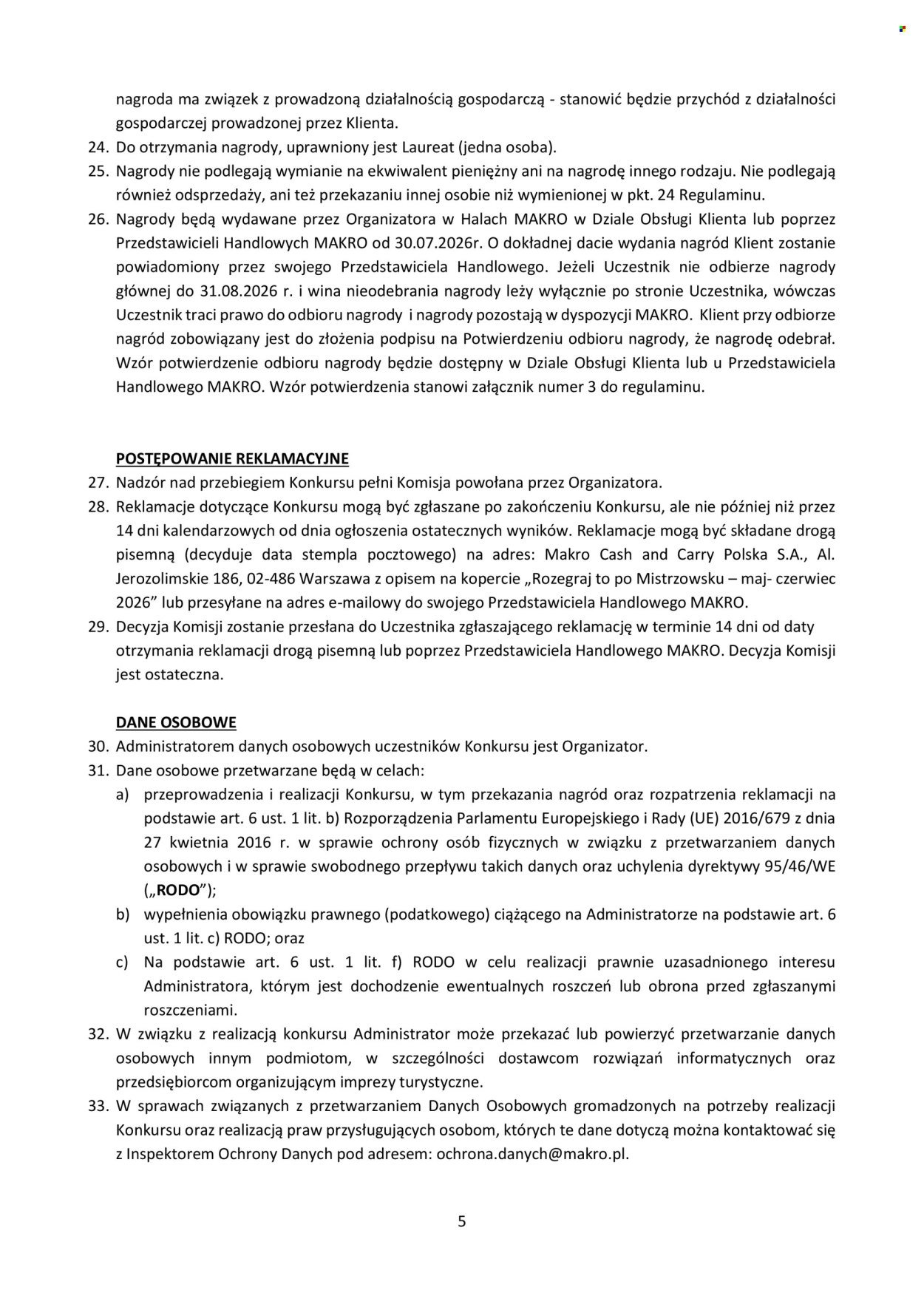 Gazetka MAKRO - Regulamin Konkurs ”Rozegraj to po Mistrzowsku”
