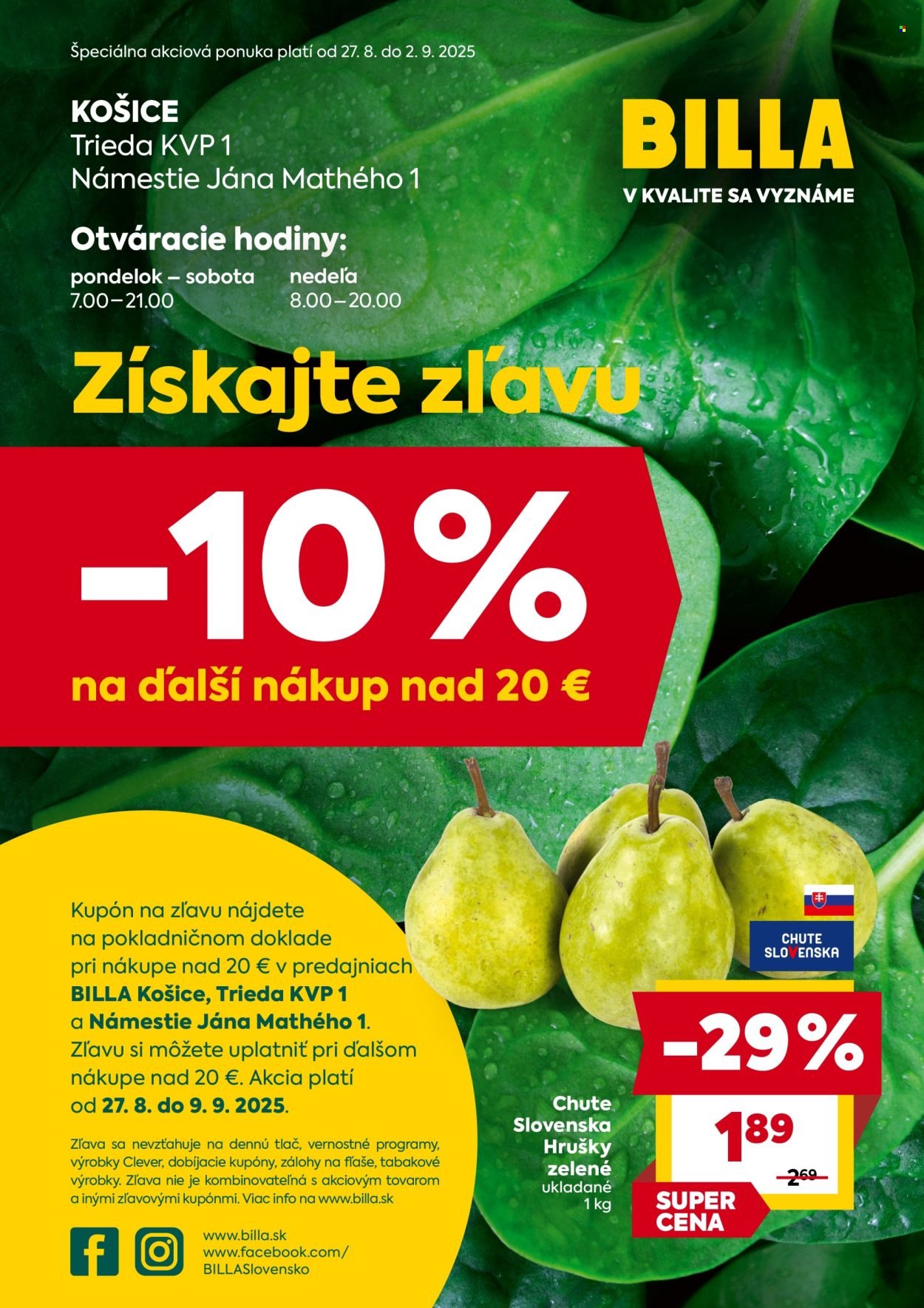 BILLA leták - Košice (2025-08-27 - 2025-09-02) | 1