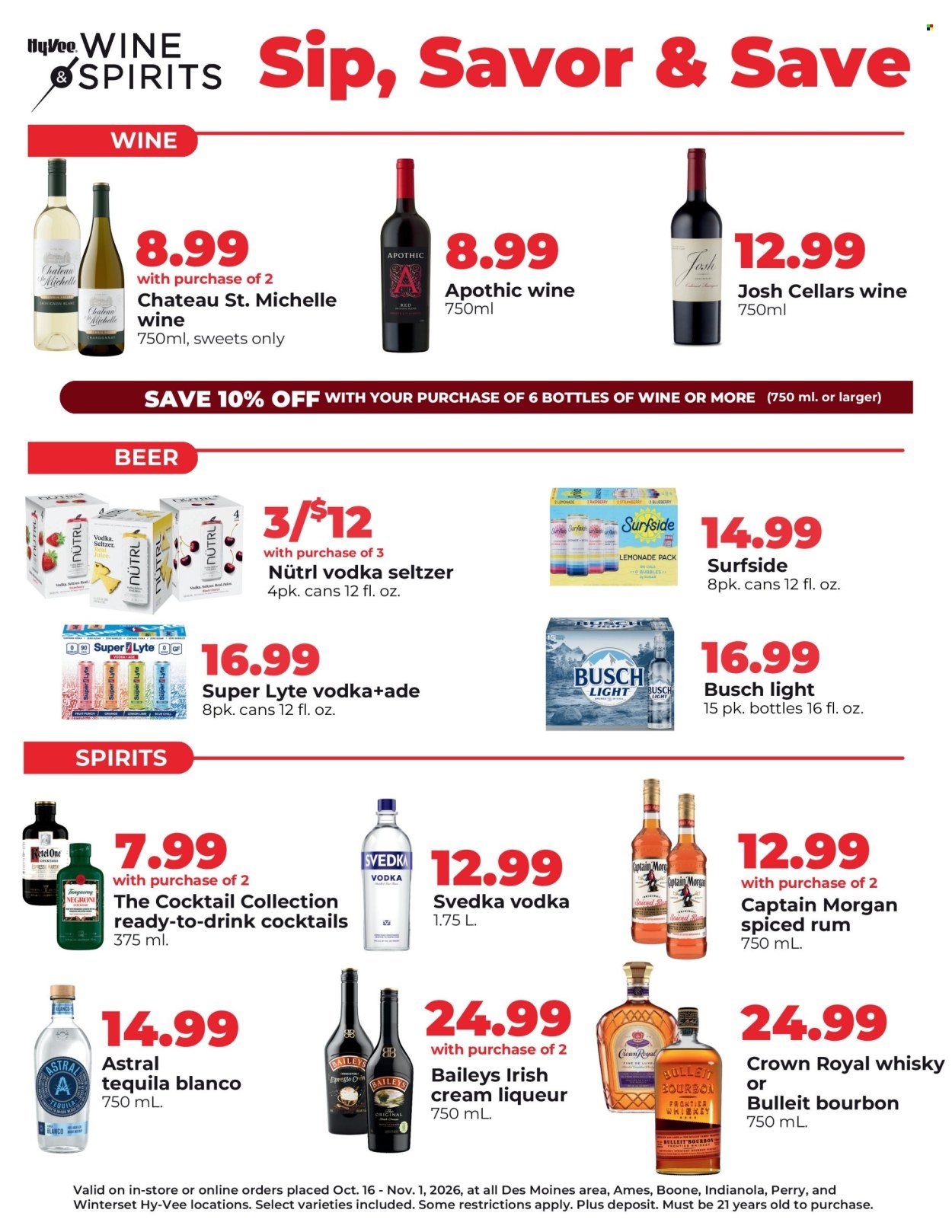 HY-VEE ad - Sip, Savor & Save. Wine & Spirits Specials
