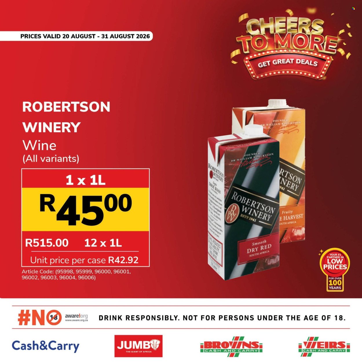 JUMBO CASH & CARRY specials - From Thursday 20 Aug 2026